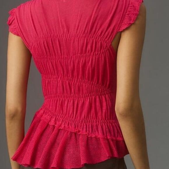 By Anthropologie Sheer Smocked Ruffled Asymmetrical Hot Pink Sweater Tank Small - Picture 2 of 9
